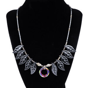 Vintage 925 Artisan Leaf Bib Necklace | Iridescent Crystal & Hematite | 19”